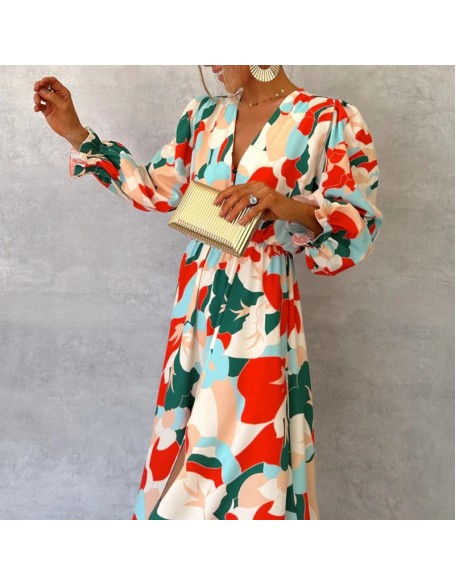 Women's new fall printing long-sleeved waisted temperament elegant V-neck dresses