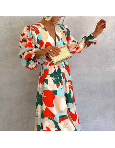 Women's new fall printing long-sleeved waisted temperament elegant V-neck dresses