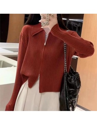 Solid Color Simple Soft Ankora Red Knit Sweater Casual Jacket Women Premium American Polo Neck Zipper Sweater