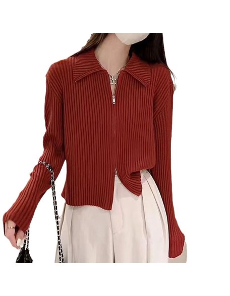 Solid Color Simple Soft Ankora Red Knit Sweater Casual Jacket Women Premium American Polo Neck Zipper Sweater