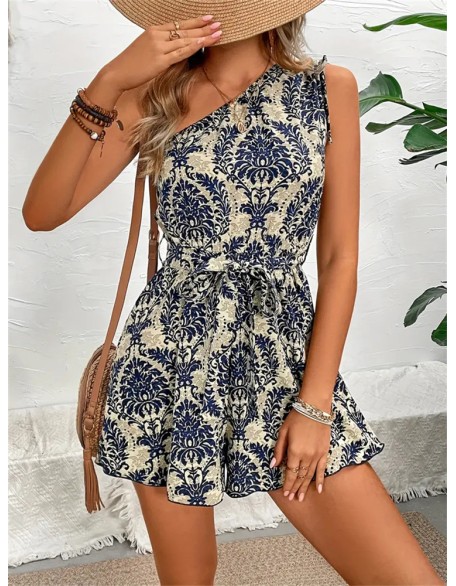 Women's Printed Slant Shoulder Drawstring Sleeveless One Shoulder Short Dress Pants Summer Women Jumpsuit Women Pants Shorts Women