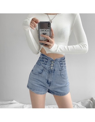 Spice Girl Small Waist Cross Weave High Waisted Tummy Trimming Denim Shorts Women Hundred Lift Hip Loose Wide Leg Hot Pants