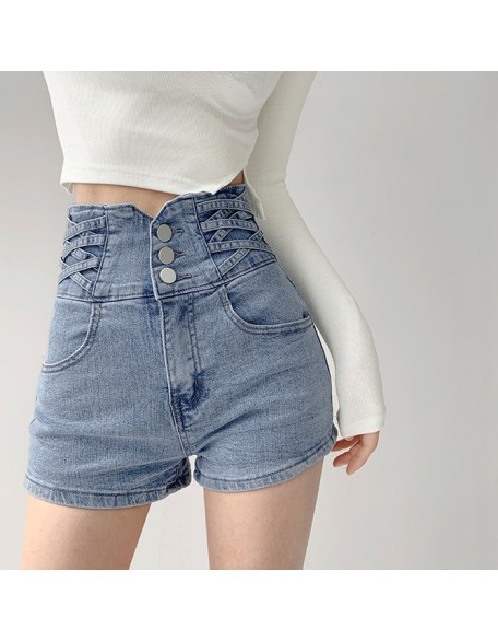 Spice Girl Small Waist Cross Weave High Waisted Tummy Trimming Denim Shorts Women Hundred Lift Hip Loose Wide Leg Hot Pants