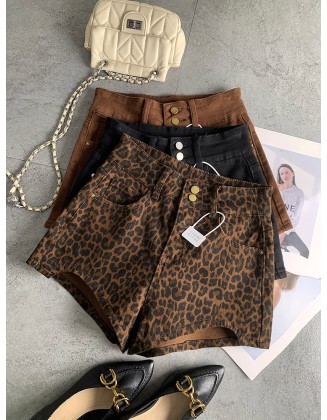 Double-button fashionable fashionable leopard print spicy girl denim shorts female fall new Slim stretch versatile hot pants