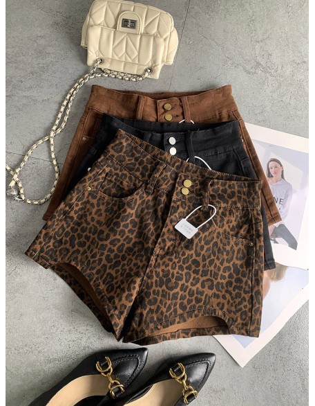 Double-button fashionable fashionable leopard print spicy girl denim shorts female fall new Slim stretch versatile hot pants