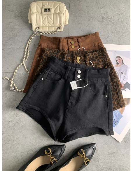 Double-button fashionable fashionable leopard print spicy girl denim shorts female fall new Slim stretch versatile hot pants