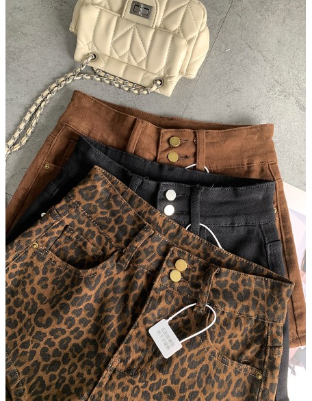 Double-button fashionable fashionable leopard print spicy girl denim shorts female fall new Slim stretch versatile hot pants