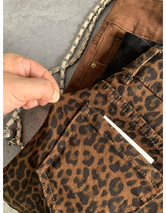 Double-button fashionable fashionable leopard print spicy girl denim shorts female fall new Slim stretch versatile hot pants