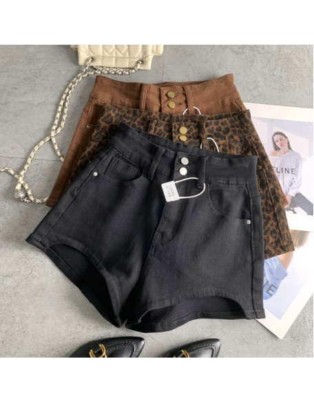 Double-button fashionable fashionable leopard print spicy girl denim shorts female fall new Slim stretch versatile hot pants