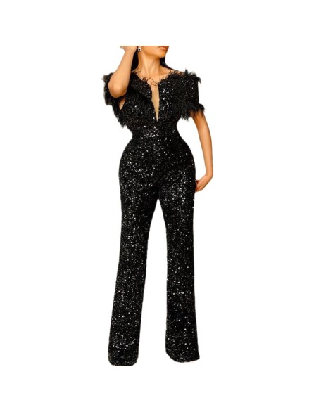 New spring and summer women's jumpsuit V-neck feather sequins Slim waist dress