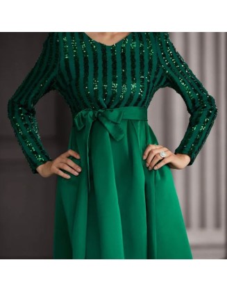 New sequins temperament commuter solid color mid-waist beaded host banquet dress evening dresses