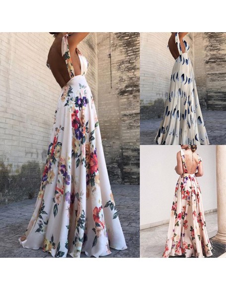 Women's 2024 new spring and summer leaky back printed large swing sleeveless halter dresses