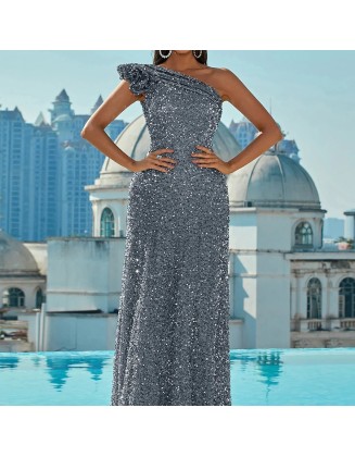 2024 New Sequins Slant Shoulder Backless Sleeveless Long Prom Sequins Silver Swing Dresses Evening Gowns