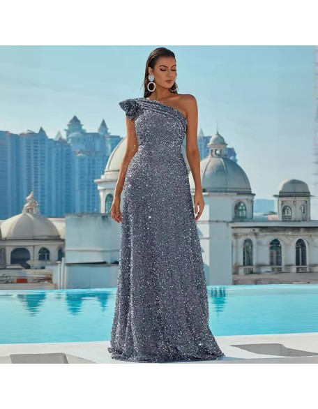 2024 New Sequins Slant Shoulder Backless Sleeveless Long Prom Sequins Silver Swing Dresses Evening Gowns