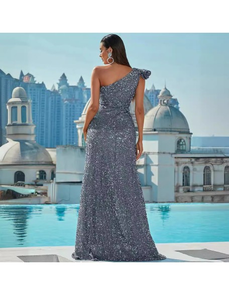 2024 New Sequins Slant Shoulder Backless Sleeveless Long Prom Sequins Silver Swing Dresses Evening Gowns