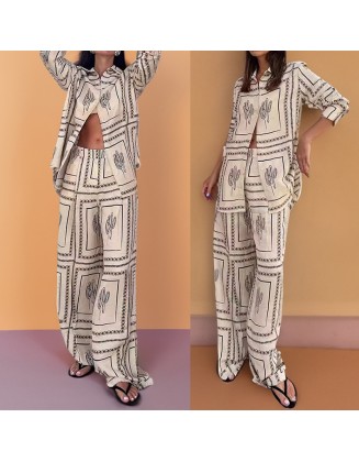 Fall new women's independent station printed shirt top elegant wide leg pants fashion casual suit