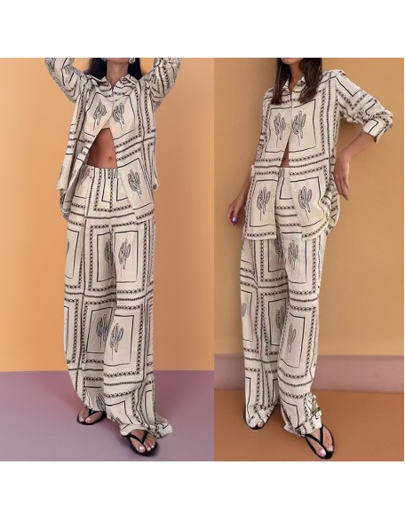 Fall new women's independent station printed shirt top elegant wide leg pants fashion casual suit