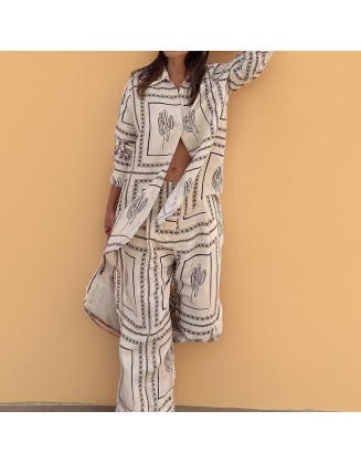 Fall new women's independent station printed shirt top elegant wide leg pants fashion casual suit