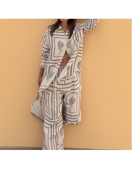 Fall new women's independent station printed shirt top elegant wide leg pants fashion casual suit