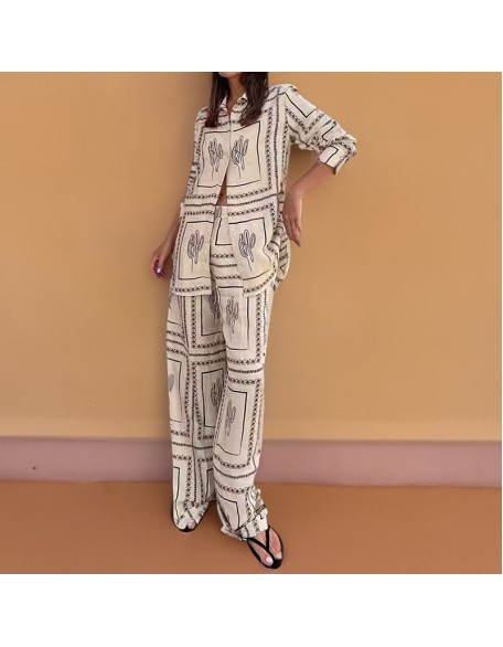 Fall new women's independent station printed shirt top elegant wide leg pants fashion casual suit