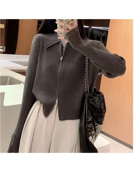 Autumn and winter new half-high neck zipper twist wool sweater design sense of fashion trend solid color pullover knit sweater female