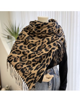 Leopard scarf women's fall and winter classic thickened faux cashmere printed tassel shawl versatile warm scarf