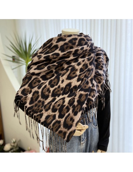 Leopard scarf women's fall and winter classic thickened faux cashmere printed tassel shawl versatile warm scarf