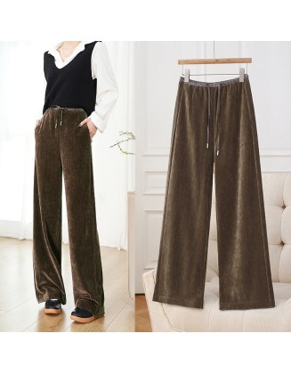 Golden Velvet Straight Pants Women Drawstring Narrow Wide Leg Skinny Premium Feeling Morandi Color Lengthened Tall Drag Pants