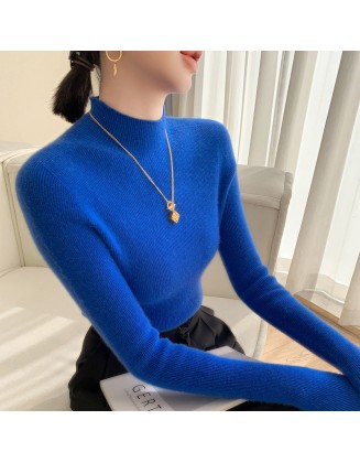 [Hot Sale] Seamless semi high neck soft glutinous cashmere sweater for women, slim fit and slimming sweater, knitted base sweater