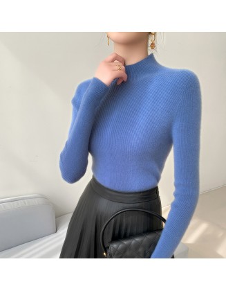 [Hot Sale] Seamless semi high neck soft glutinous cashmere sweater for women, slim fit and slimming sweater, knitted base sweater