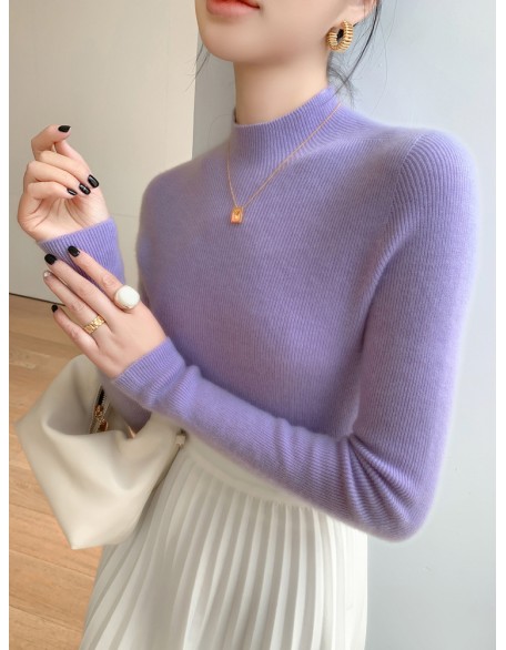 [Hot Sale] Seamless semi high neck soft glutinous cashmere sweater for women, slim fit and slimming sweater, knitted base sweater