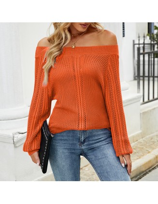 2024 Hollow Knitted Shirt Solid Color Sexy One Neck Off Shoulder Knitted Shirt for Women