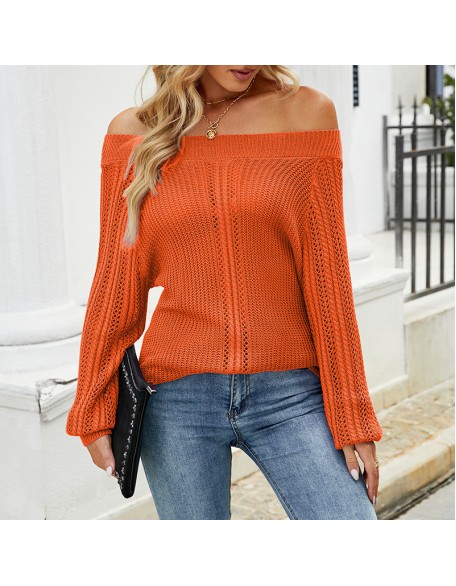 2024 Hollow Knitted Shirt Solid Color Sexy One Neck Off Shoulder Knitted Shirt for Women