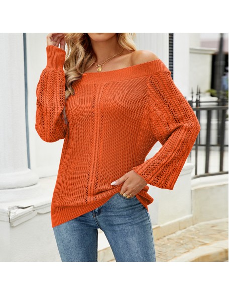 2024 Hollow Knitted Shirt Solid Color Sexy One Neck Off Shoulder Knitted Shirt for Women