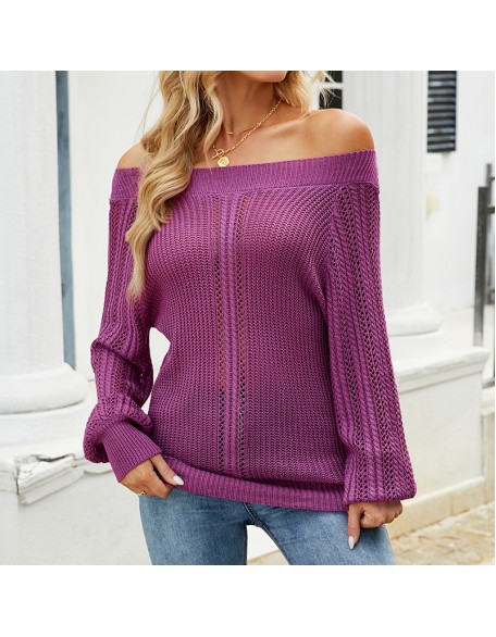 2024 Hollow Knitted Shirt Solid Color Sexy One Neck Off Shoulder Knitted Shirt for Women