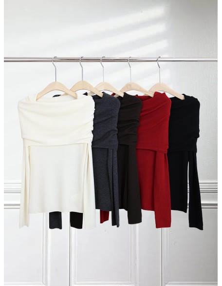 [Special Offers] Gentle style one shoulder Yangtze yarn knitted sweater for women in autumn, slim fit, high-end feeling, pleated off shoulder top