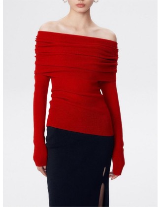 [Special Offers] Gentle style one shoulder Yangtze yarn knitted sweater for women in autumn, slim fit, high-end feeling, pleated off shoulder top