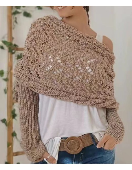 [Special Offers] Autumn and winter Meilun shawl knitted with a high-end feel, hollowed out and elongated double sleeves, draped over women's shoulders