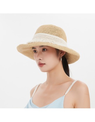 Hand-woven solid crocheted straw hat summer outdoor sun protection foldable sun hat leisure beach fisherman's hat