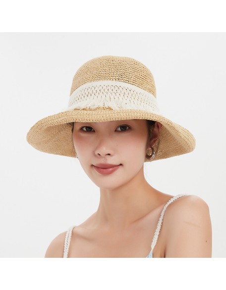 Hand-woven solid crocheted straw hat summer outdoor sun protection foldable sun hat leisure beach fisherman's hat