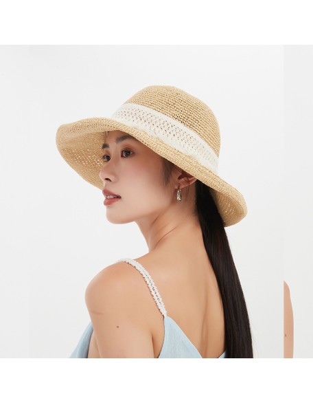 Hand-woven solid crocheted straw hat summer outdoor sun protection foldable sun hat leisure beach fisherman's hat