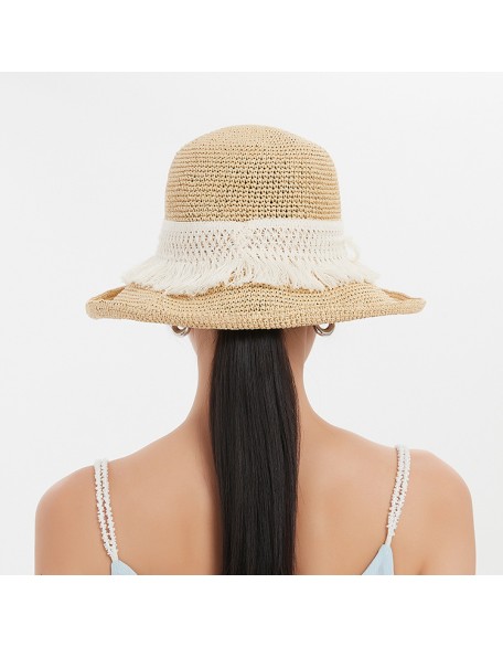 Hand-woven solid crocheted straw hat summer outdoor sun protection foldable sun hat leisure beach fisherman's hat