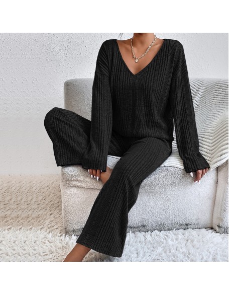 Autumn and winter women's homewear suit long-sleeved long pants two-piece set of ribbed warm home