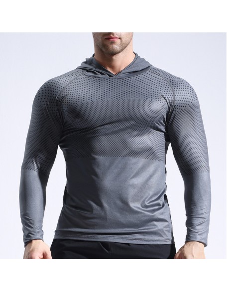 Running, bodybuilding, sweating and quick drying clothes, tight fitting long sleeved hooded fitness suit for men