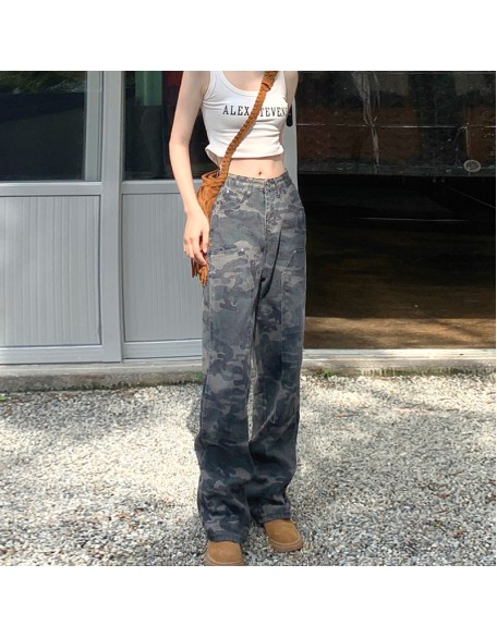 American style jeans, women's spicy girl retro hiphop camouflage workwear pants, women's summer hip-hop loose straight casual pants