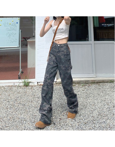 American style jeans, women's spicy girl retro hiphop camouflage workwear pants, women's summer hip-hop loose straight casual pants