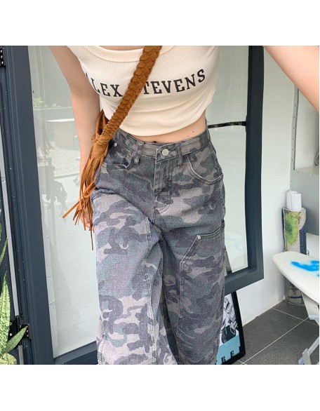 American style jeans, women's spicy girl retro hiphop camouflage workwear pants, women's summer hip-hop loose straight casual pants