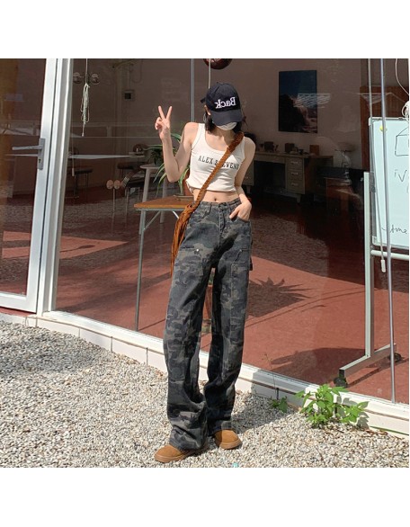 American style jeans, women's spicy girl retro hiphop camouflage workwear pants, women's summer hip-hop loose straight casual pants