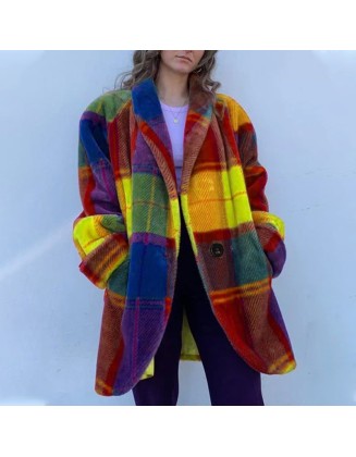 2024 Women's Long sleeved Polo Collar Colored Coat Printed Woolen Long Coat