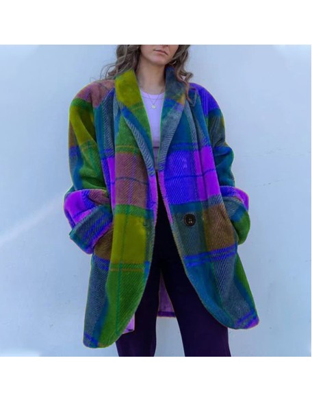 2024 Women's Long sleeved Polo Collar Colored Coat Printed Woolen Long Coat